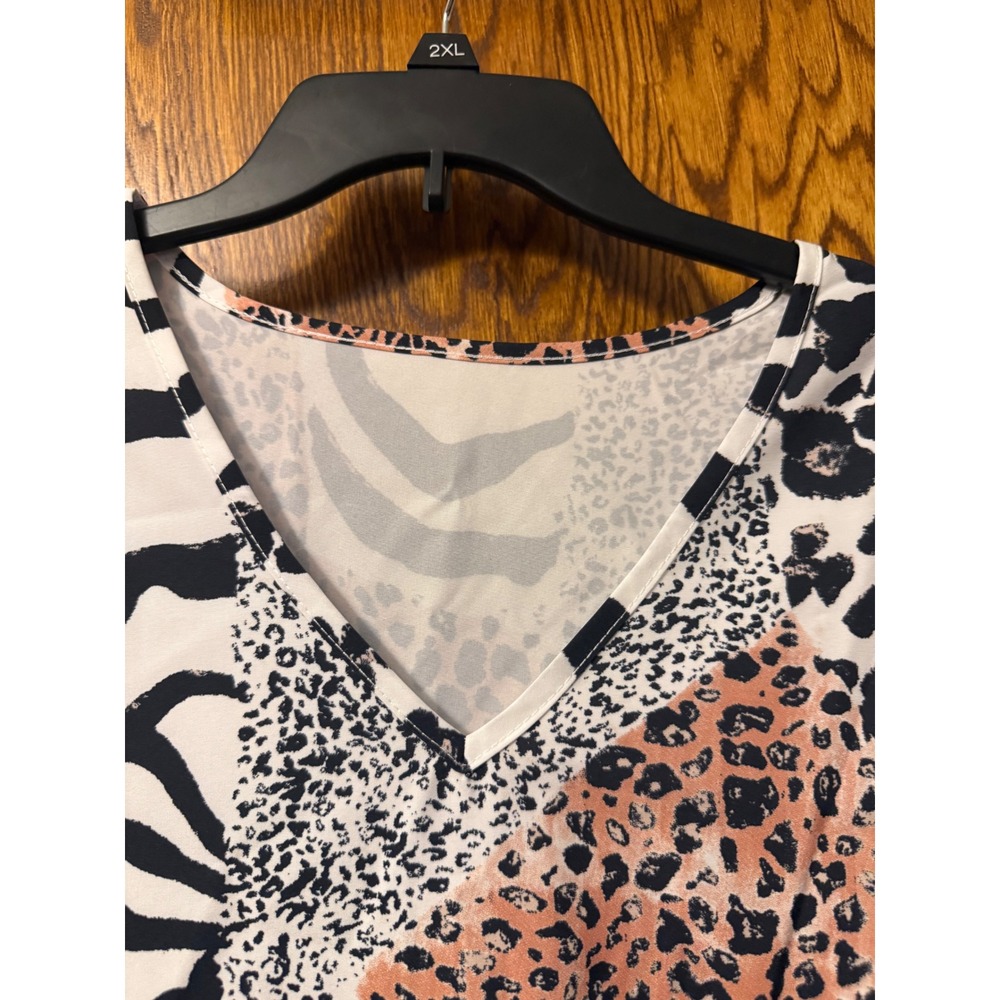 Womens Mixed Animal‎ Print V-Neck Blouse XL Leopard Zebra Long Sleeve Top Peach